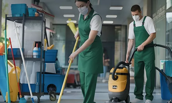 Professional cleaning team with mops and vacuum cleaner