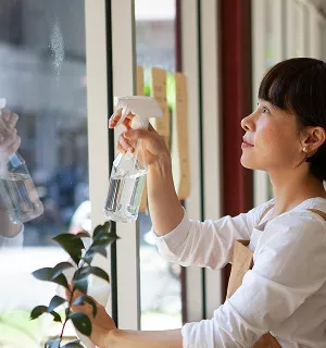 A woman in a white shirt and apron sprays cleaning solution onto a window.