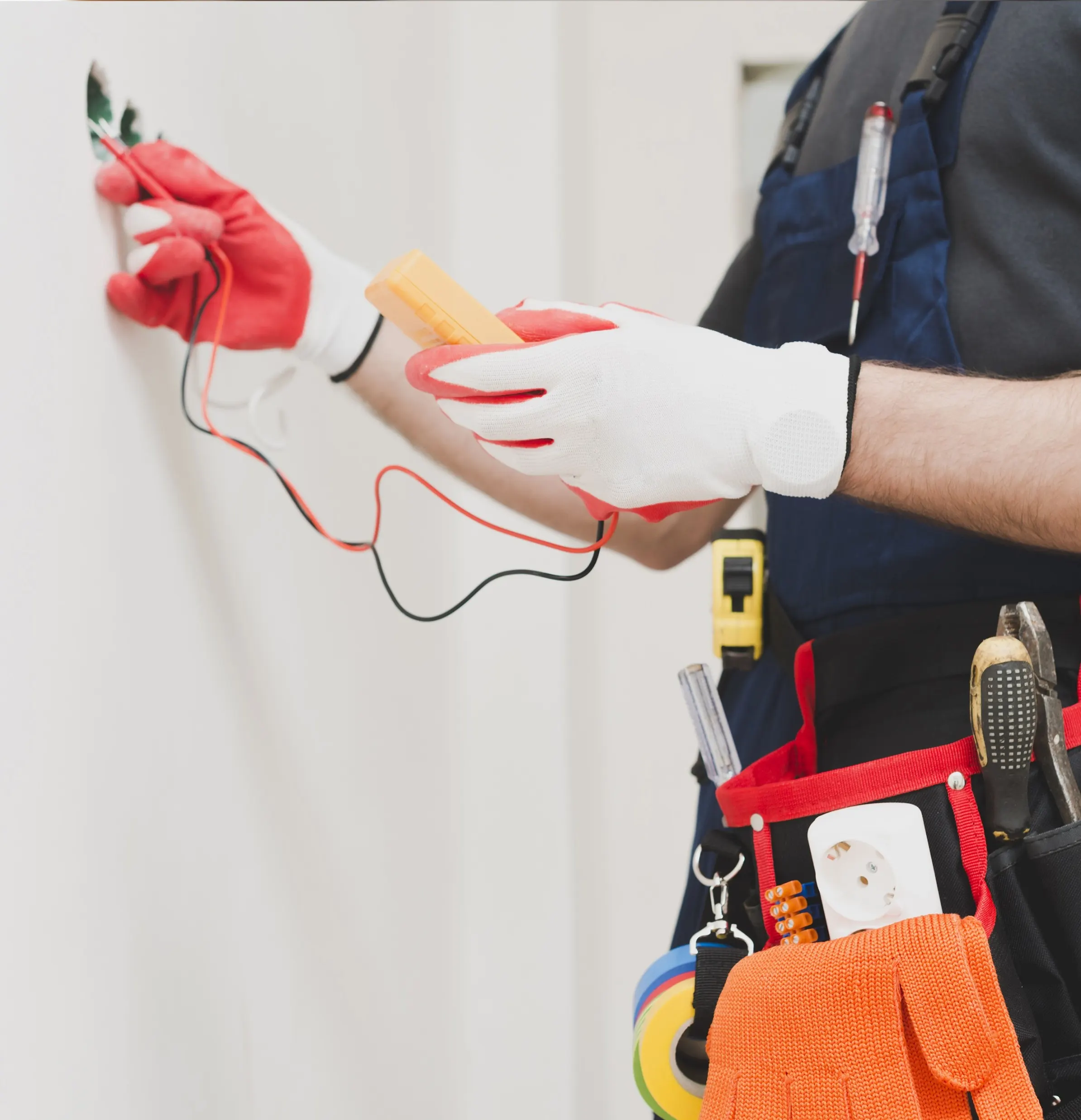 Worker in full white protective suit, mask, and blue gloves cleaning or disinfecting a glass surface in a bright indoor space with curtains.